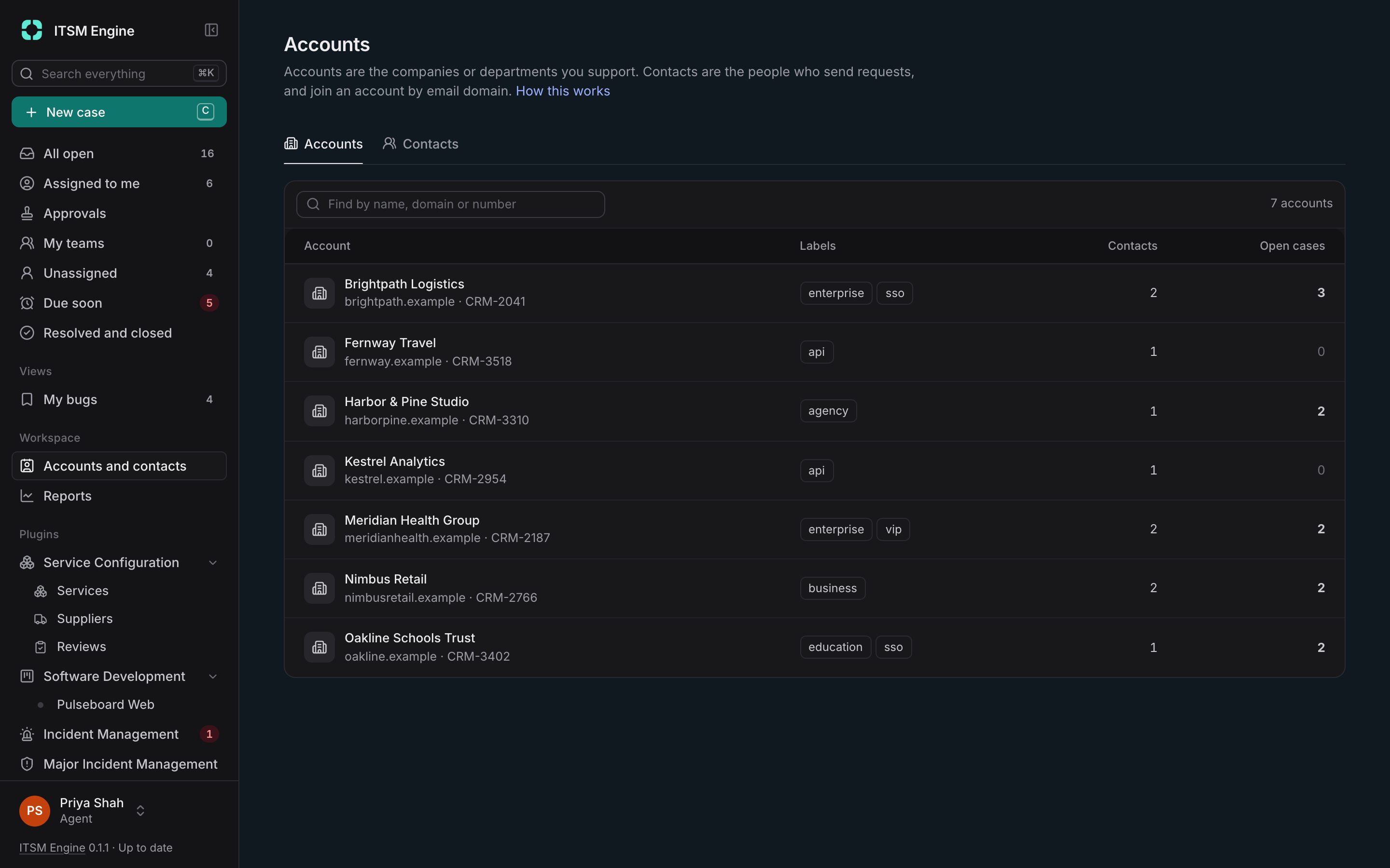 The accounts list, searchable by name, domain and account number