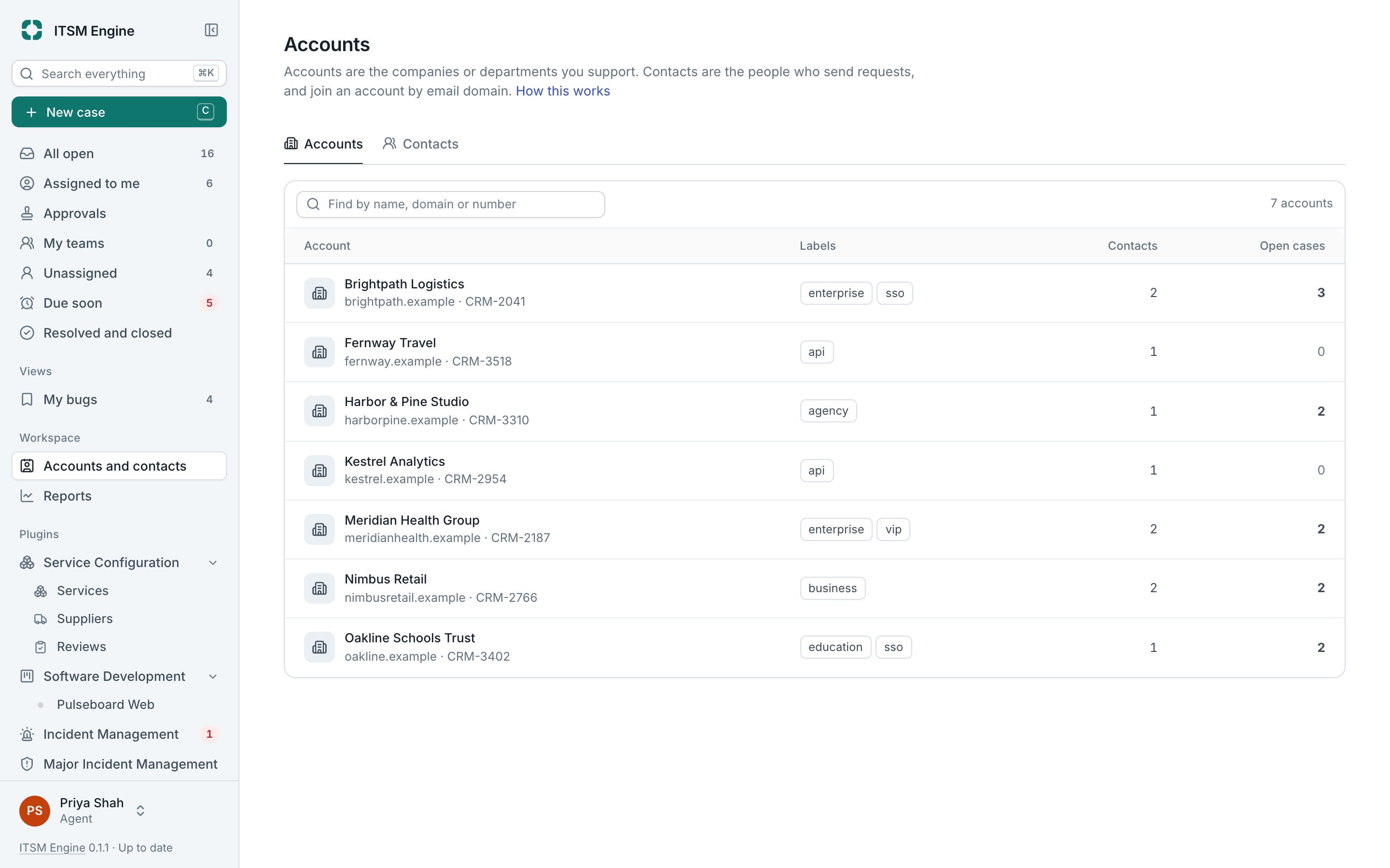 The accounts list, searchable by name, domain and account number