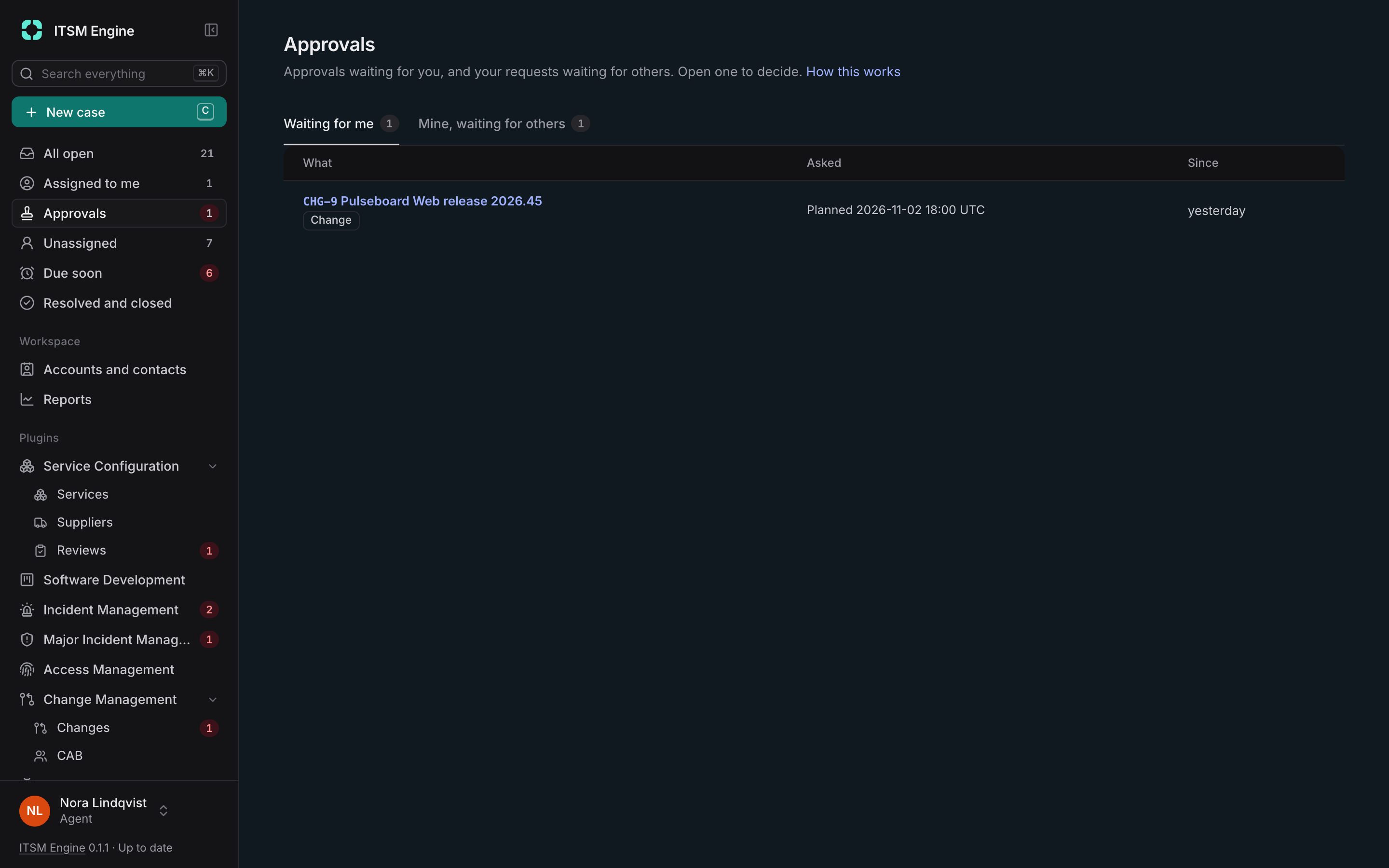 The Approvals page with changes and cases waiting for a decision