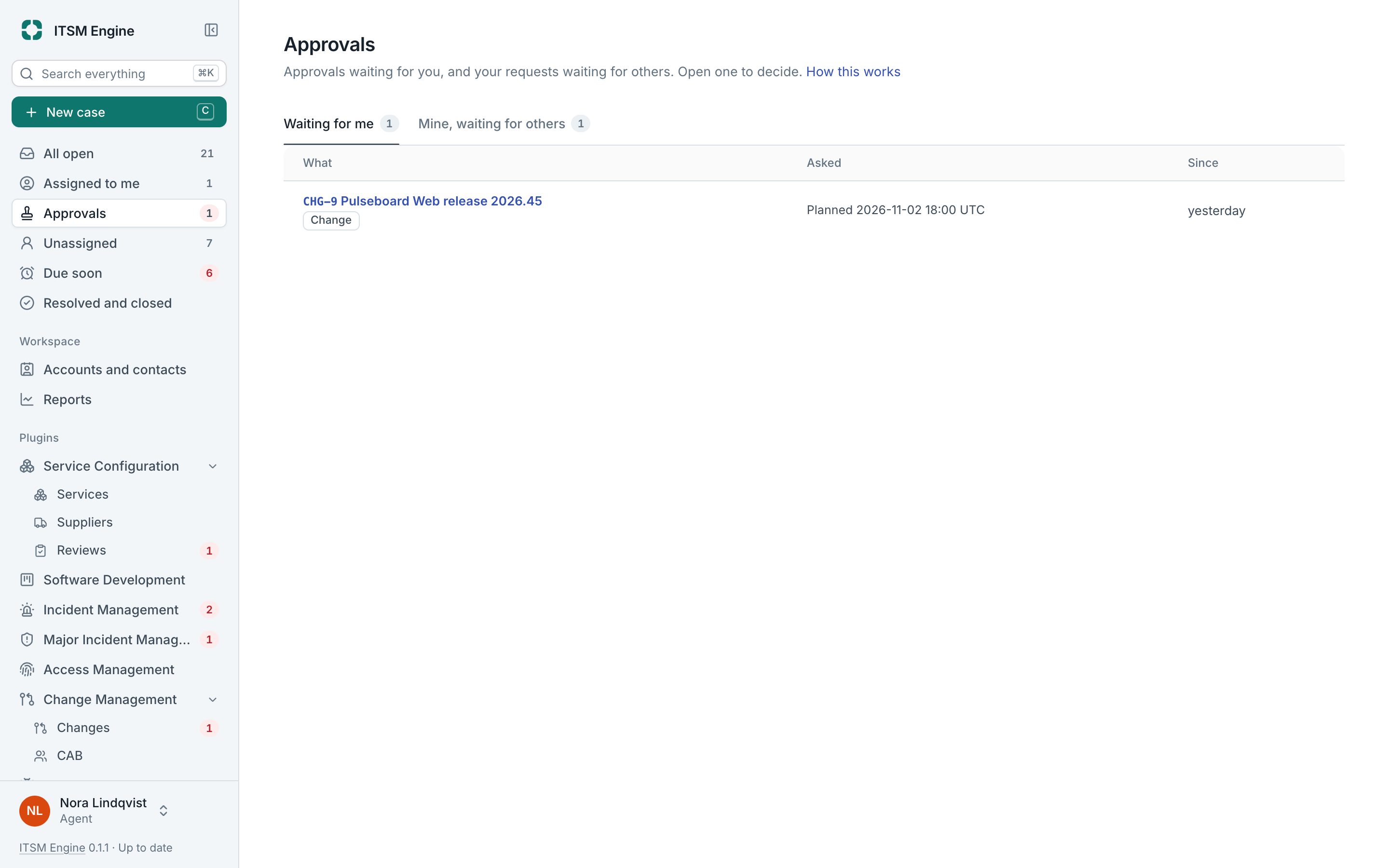 The Approvals page with changes and cases waiting for a decision