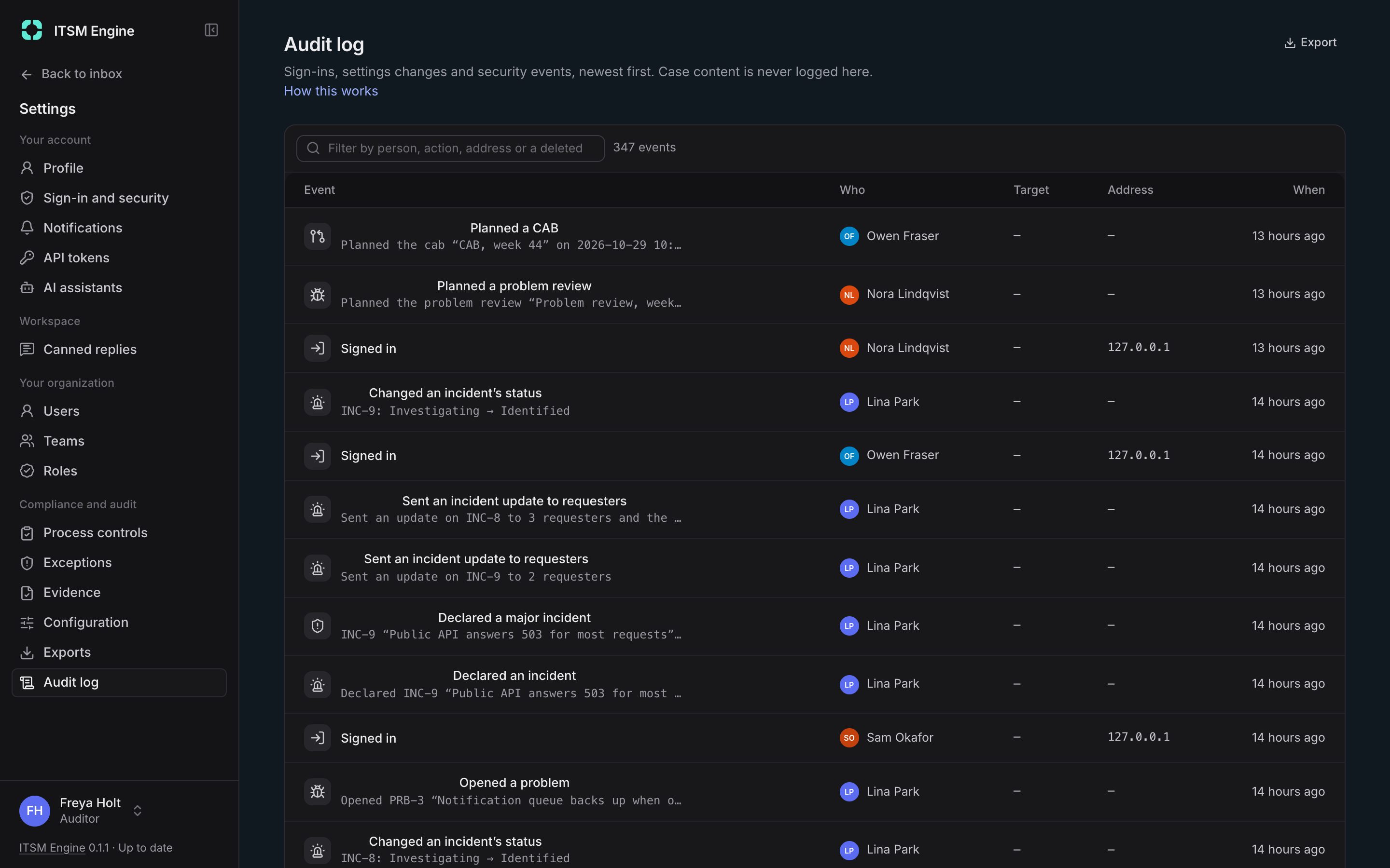 The audit log with sign-ins, settings changes and API activity