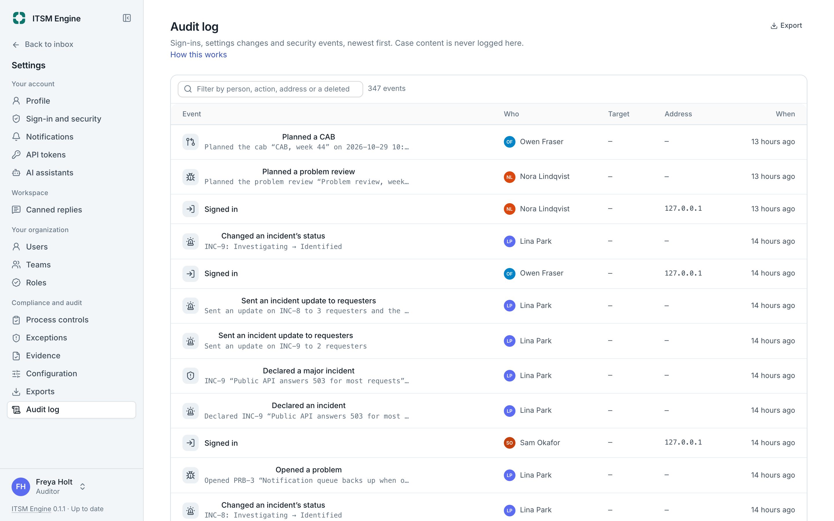 The audit log with sign-ins, settings changes and API activity