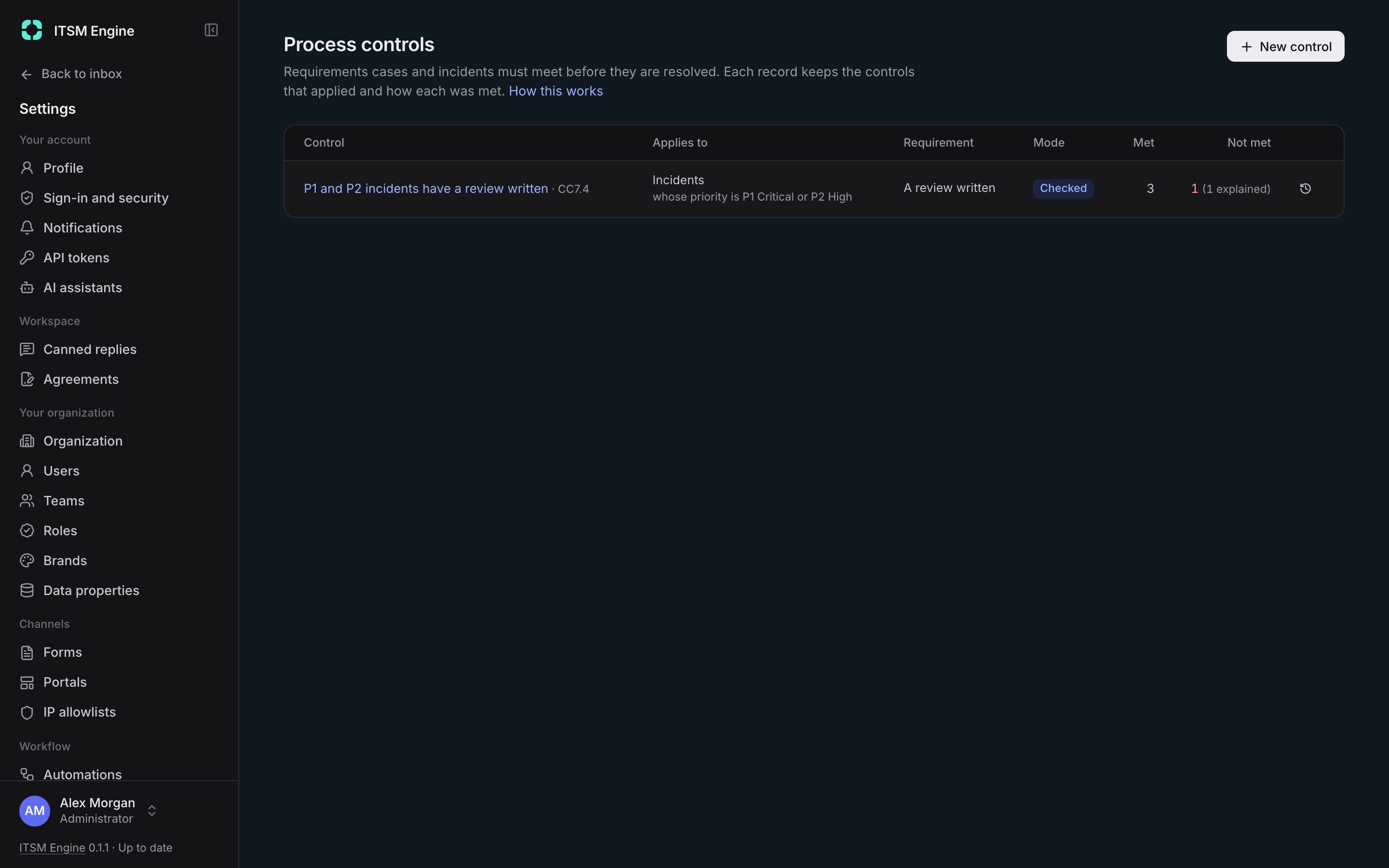 The process controls, each enforced or checked