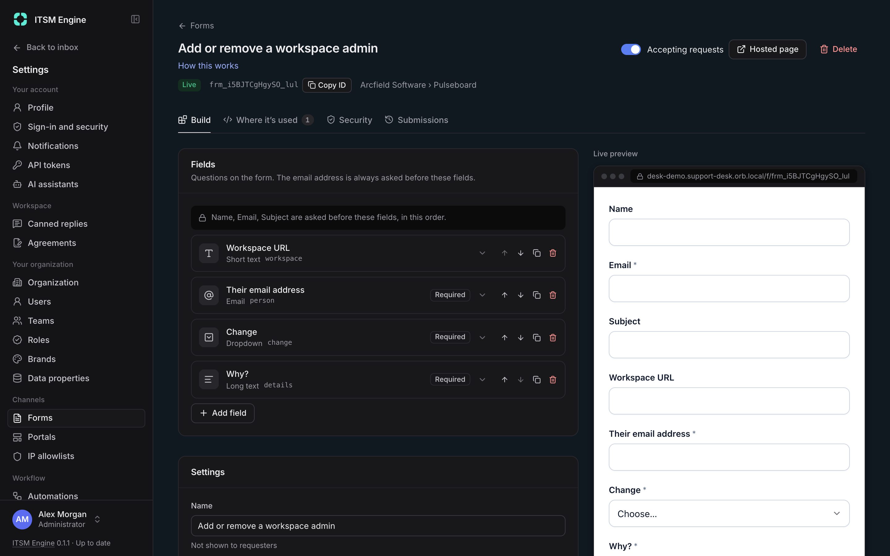 The form editor with fields and a preview