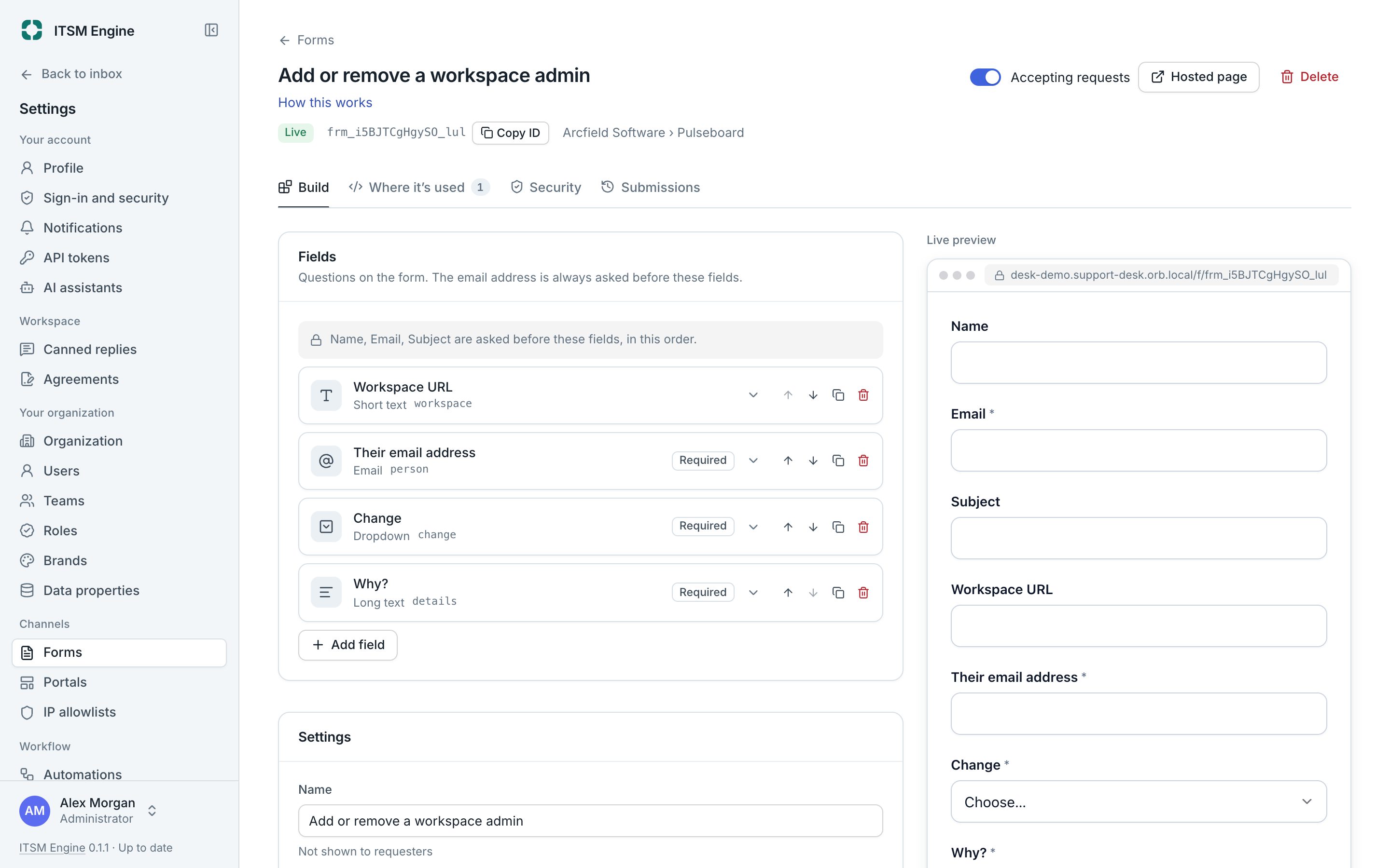The form editor with fields and a preview