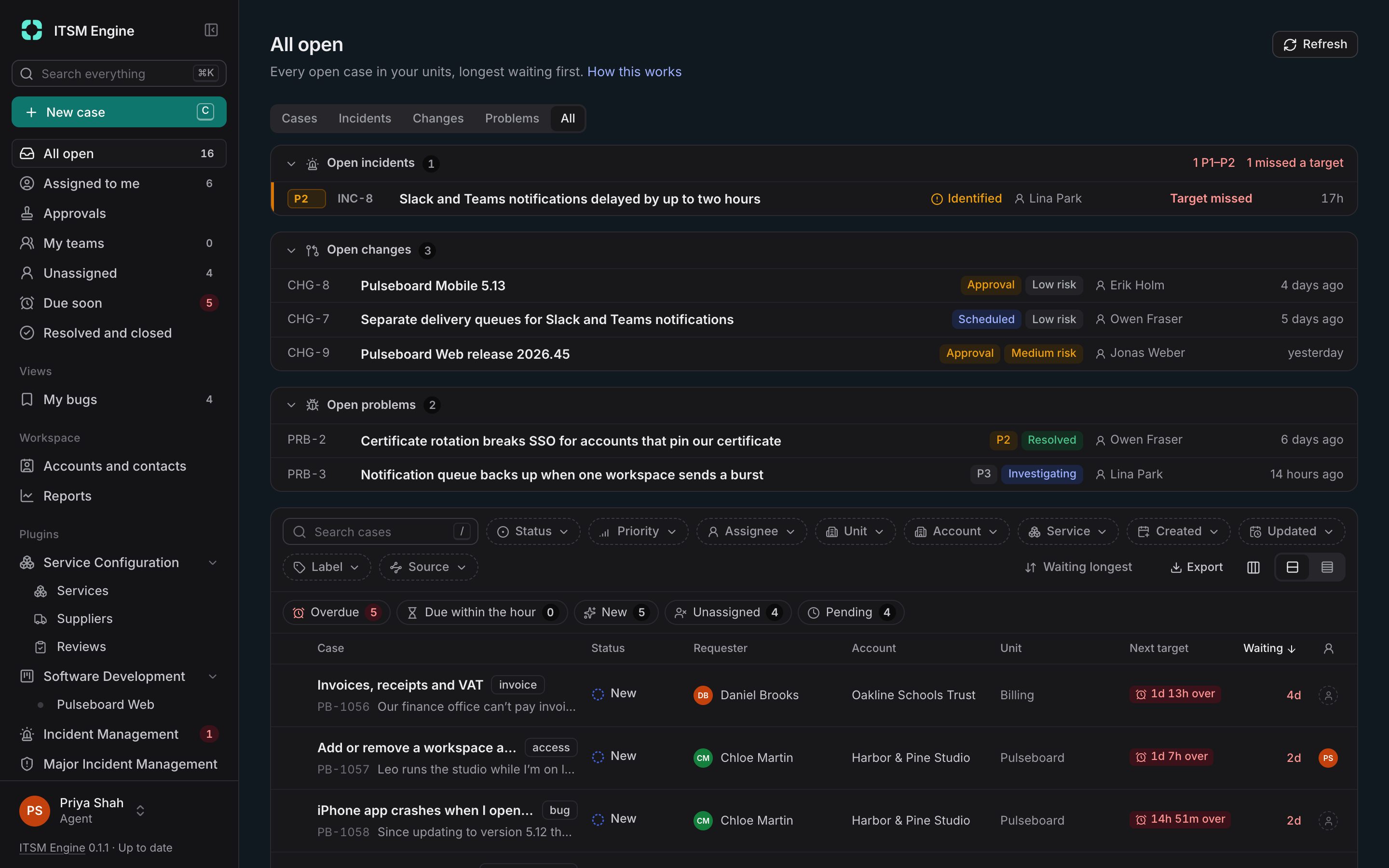 The inbox: open incidents, changes and problems above the open cases, with filters and views