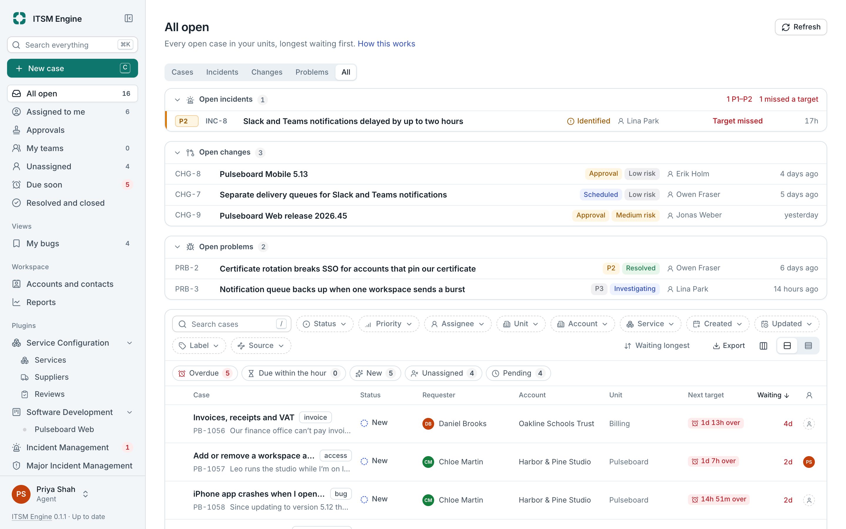 The inbox: open incidents, changes and problems above the open cases, with filters and views