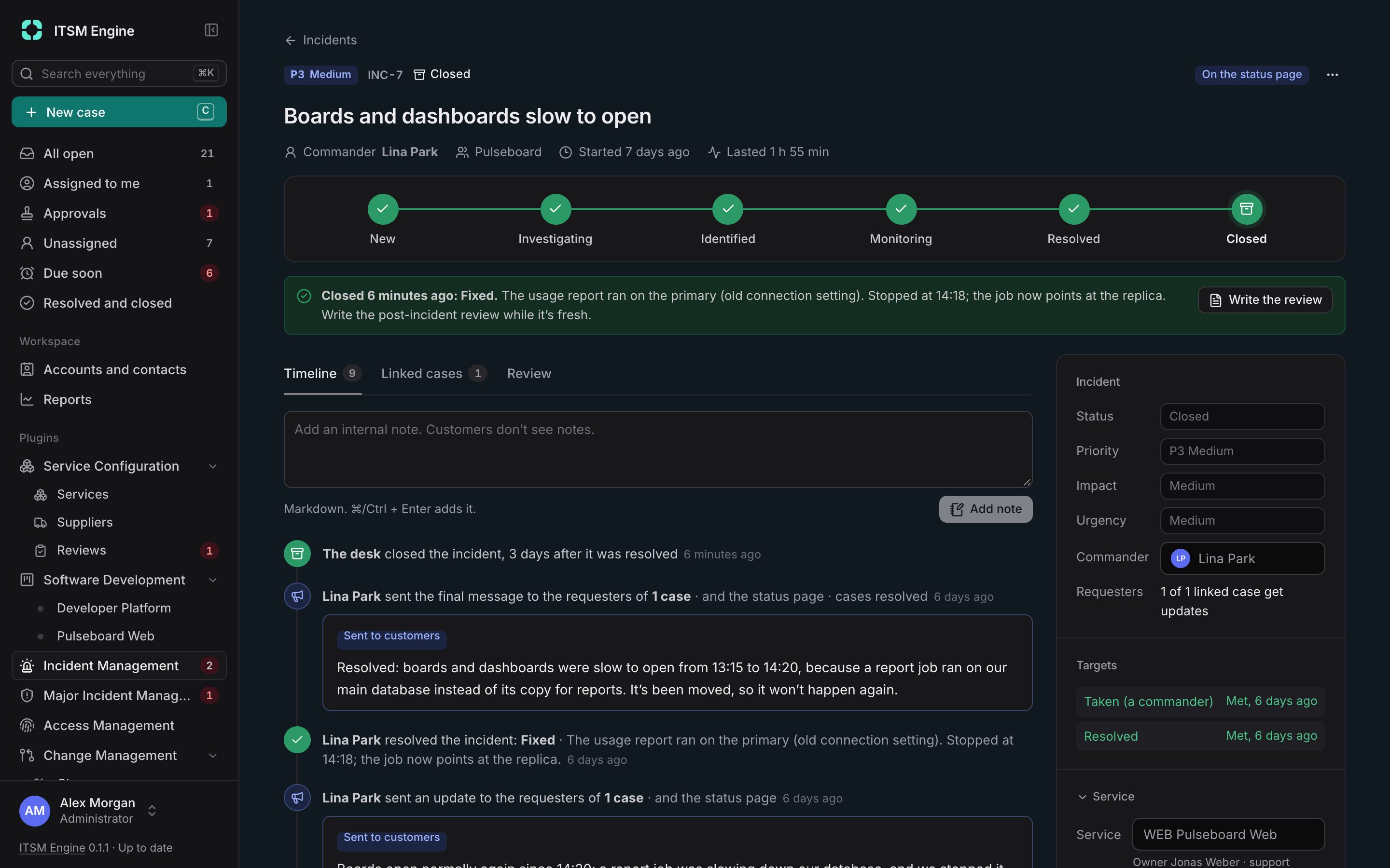 An incident page with its status steps, linked cases and updates