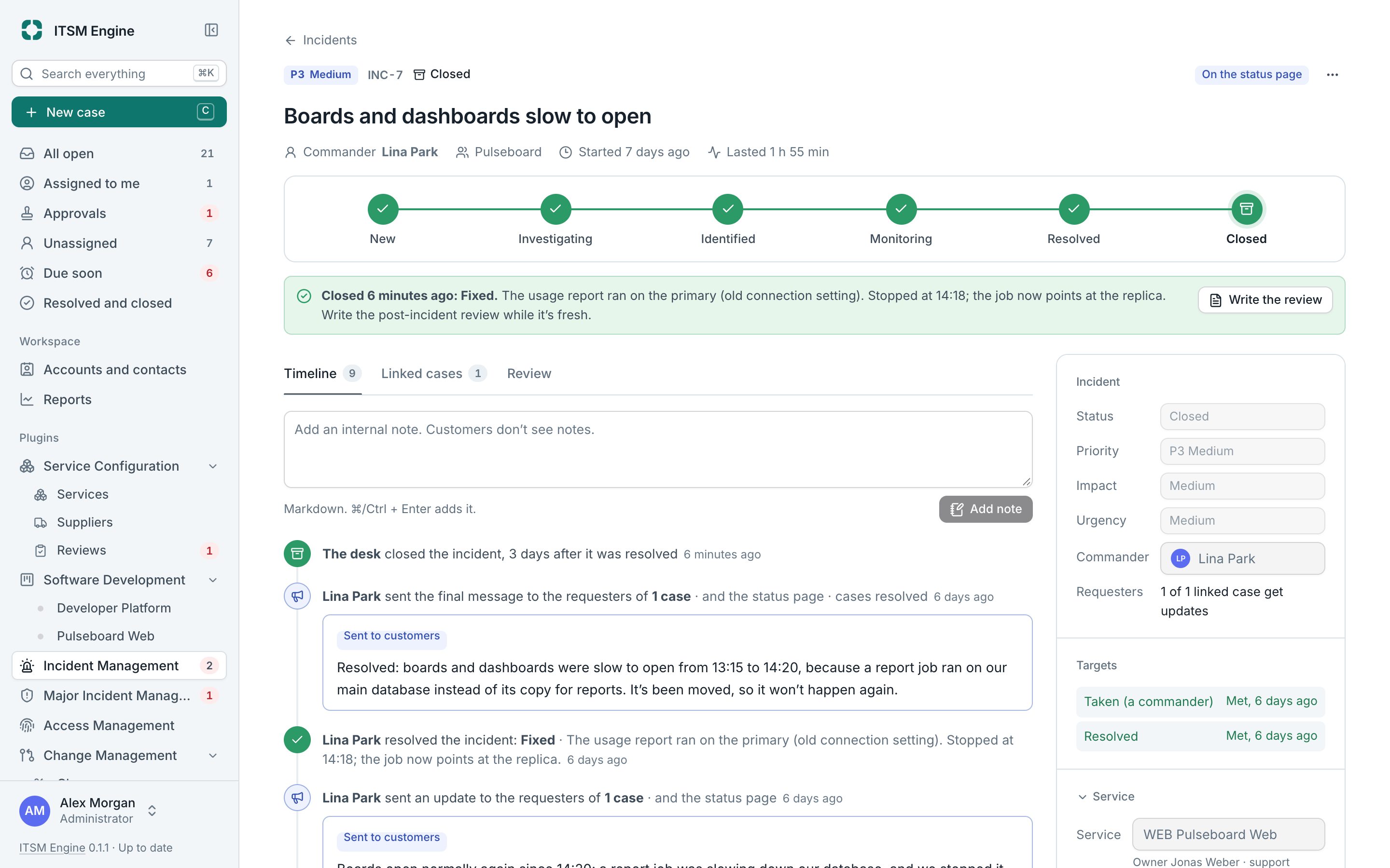 An incident page with its status steps, linked cases and updates