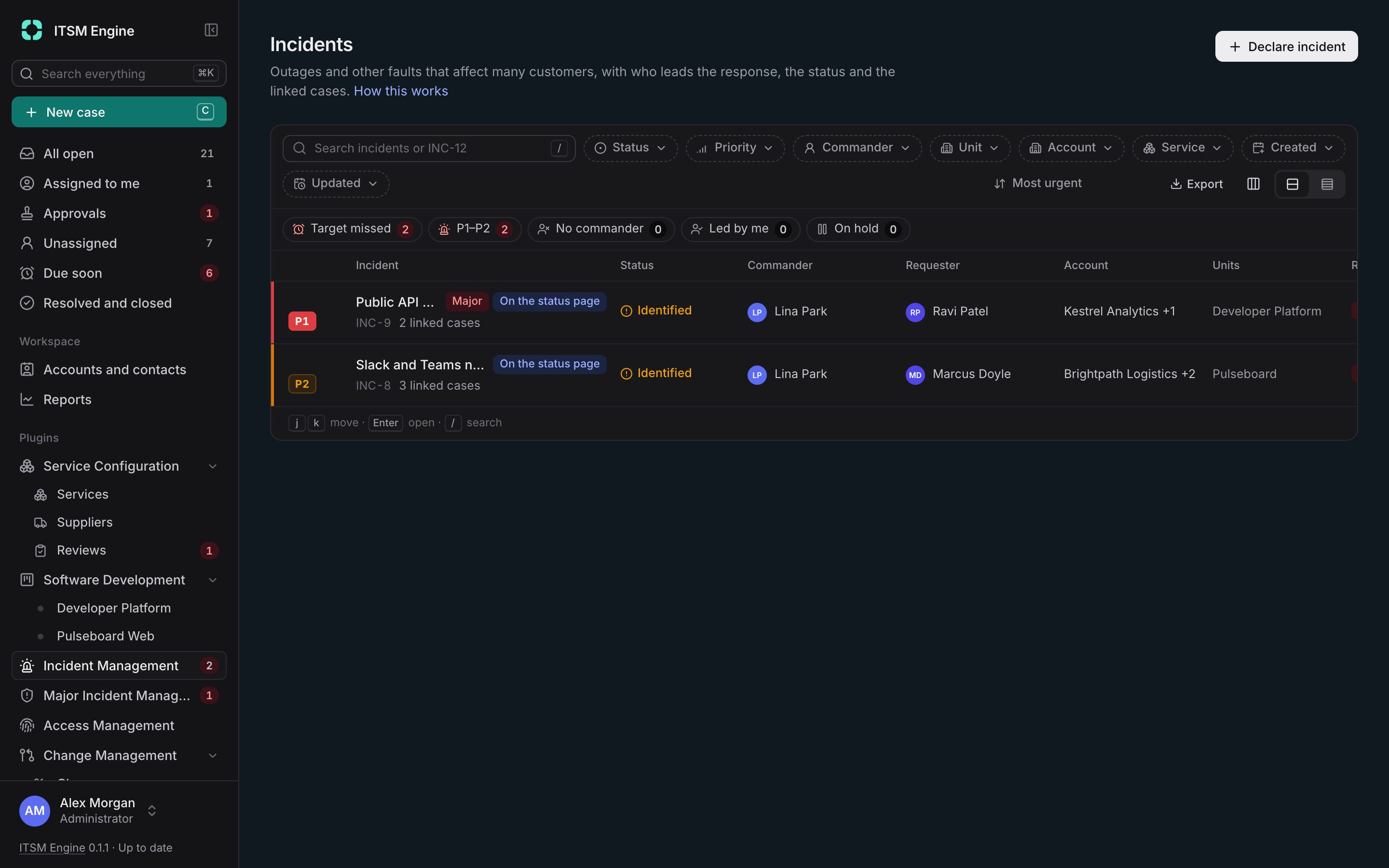 The incidents list with priorities, targets and commanders
