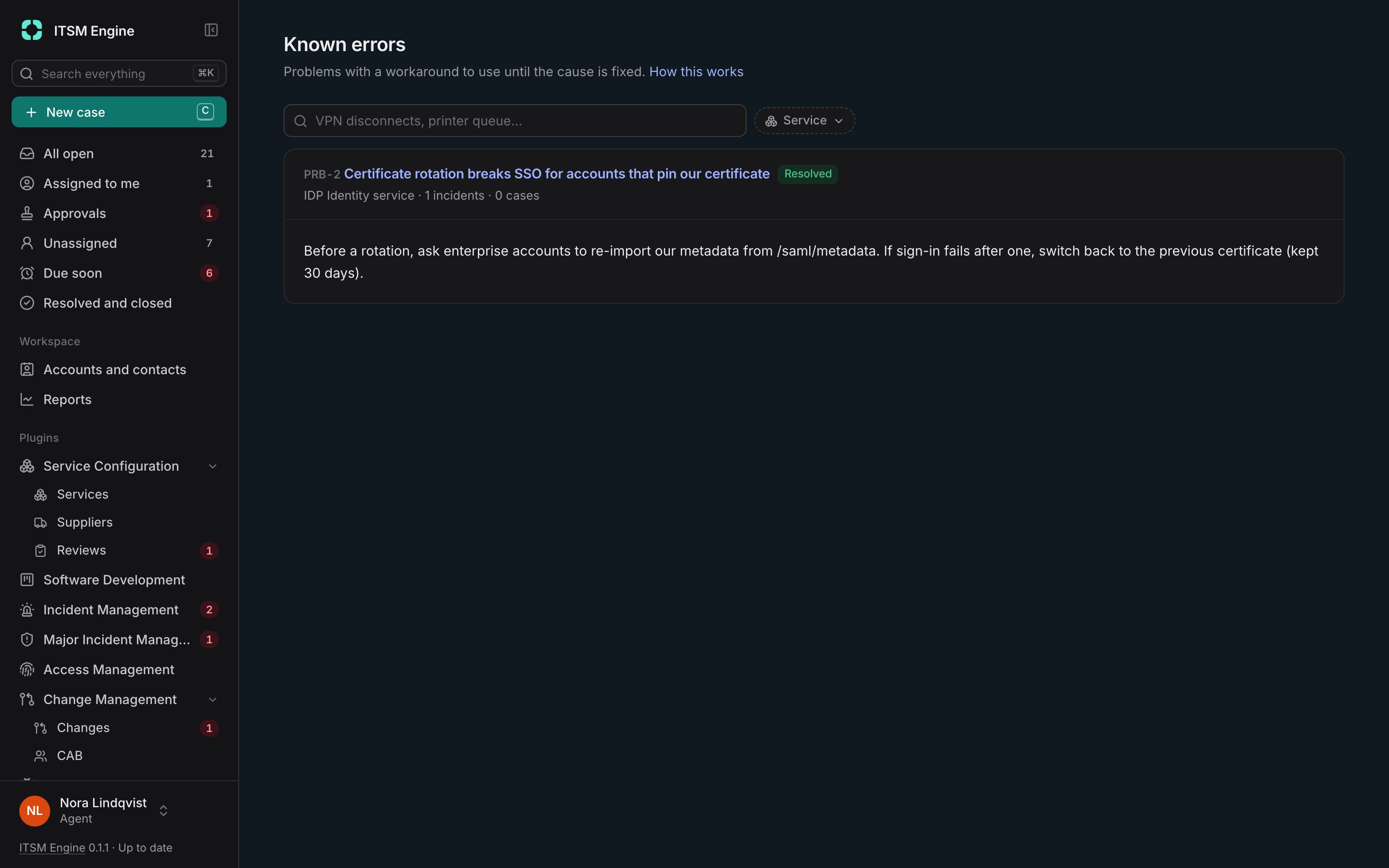 Known errors with workarounds, searchable by service