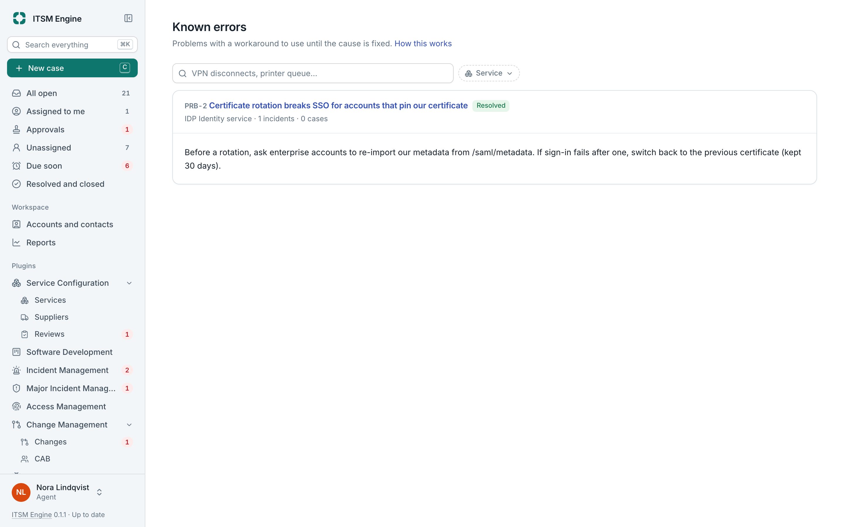 Known errors with workarounds, searchable by service