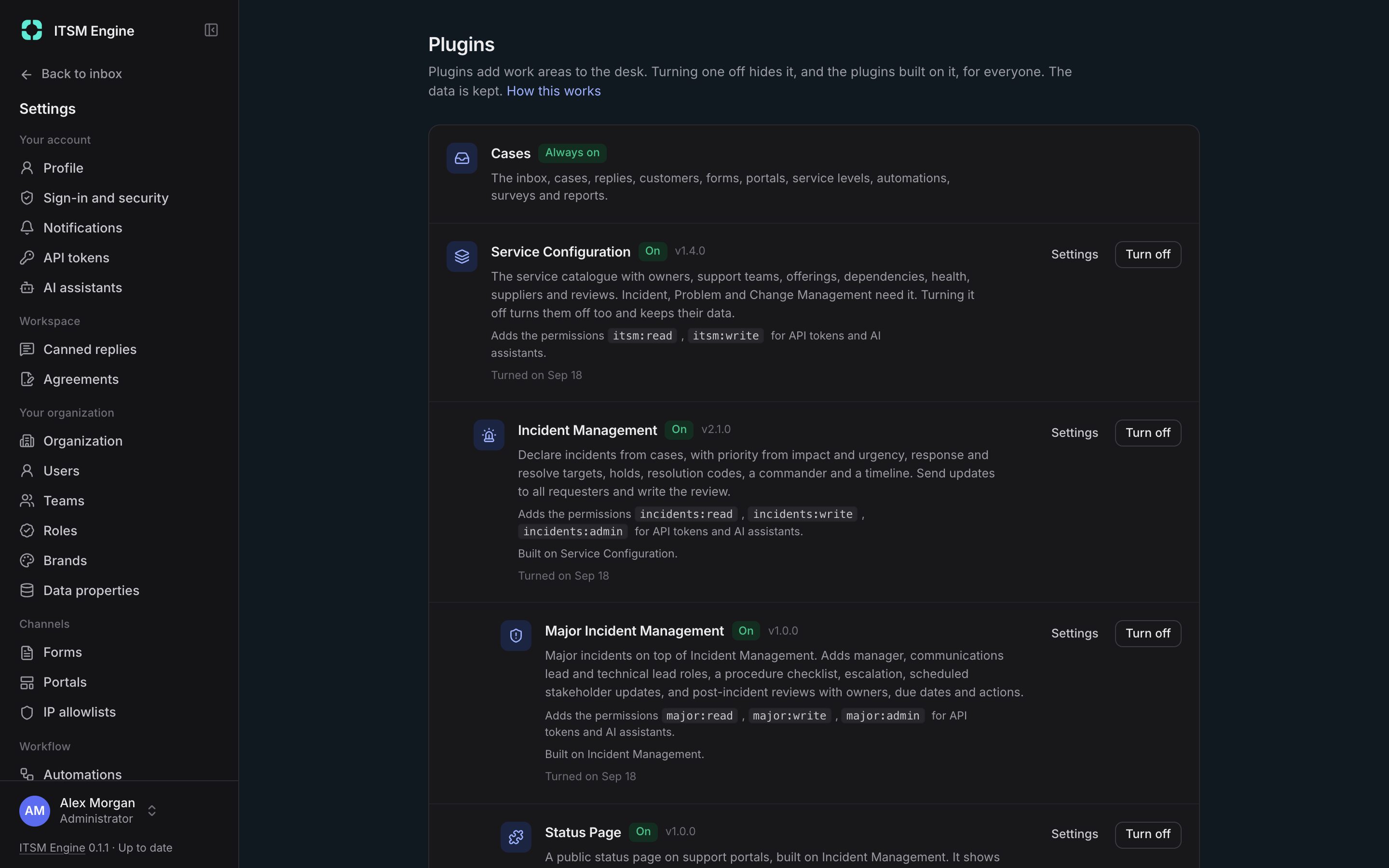 The plugin settings, with eight free plugins in layers and their switches