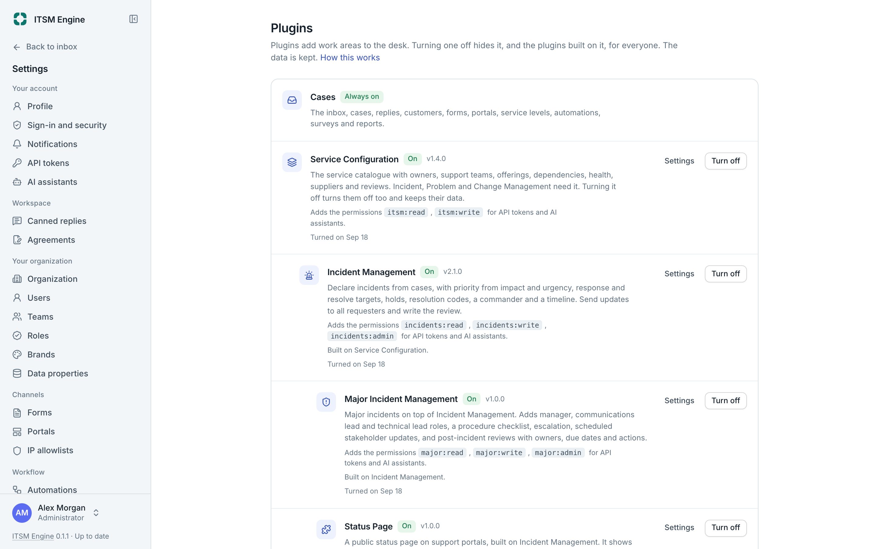 The plugin settings, with eight free plugins in layers and their switches