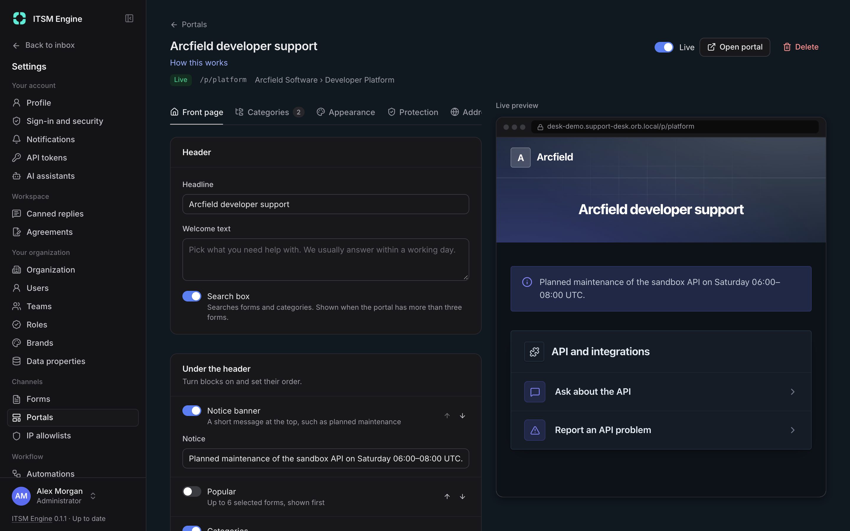 The portal editor with its tabs and a live preview