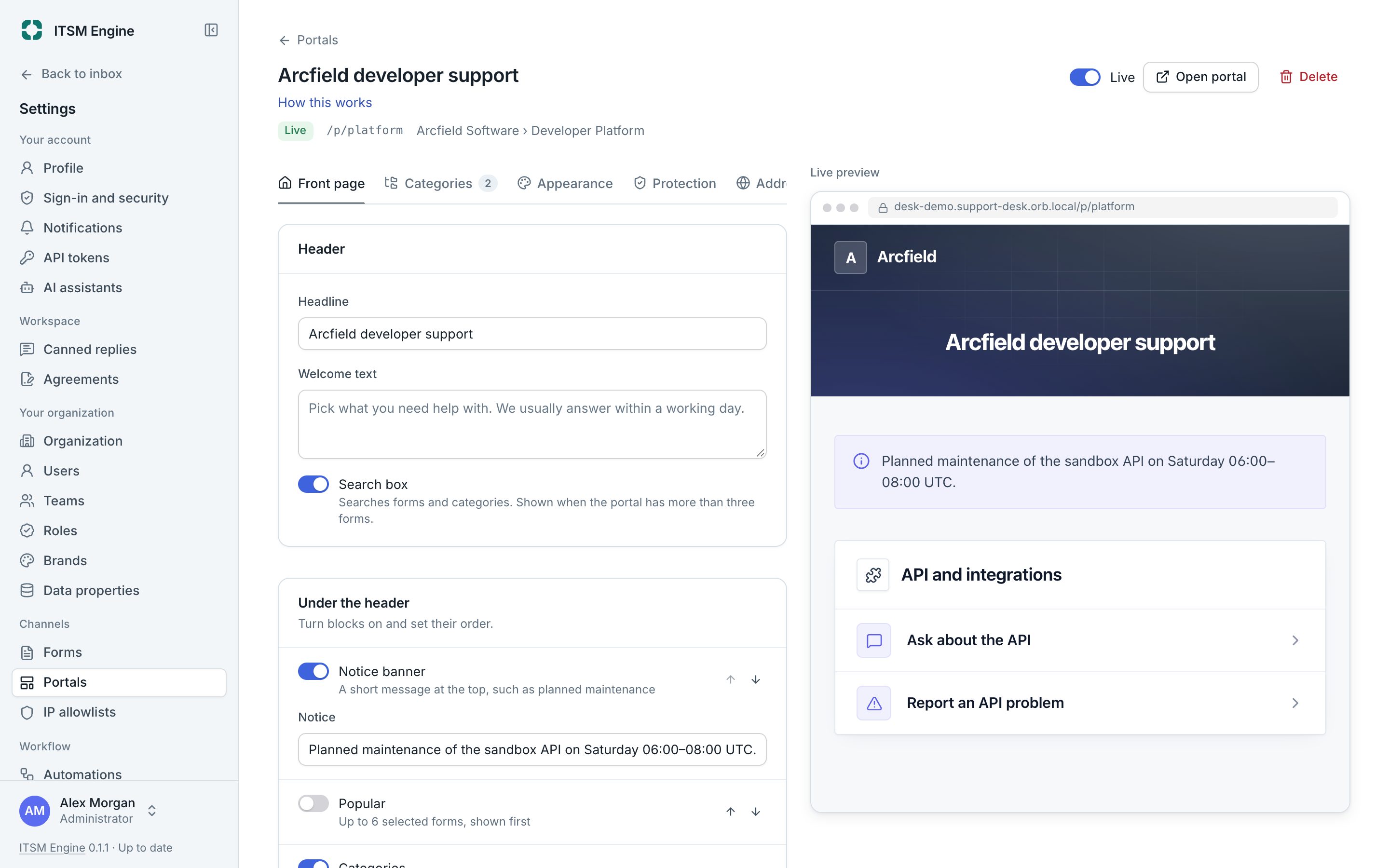 The portal editor with its tabs and a live preview