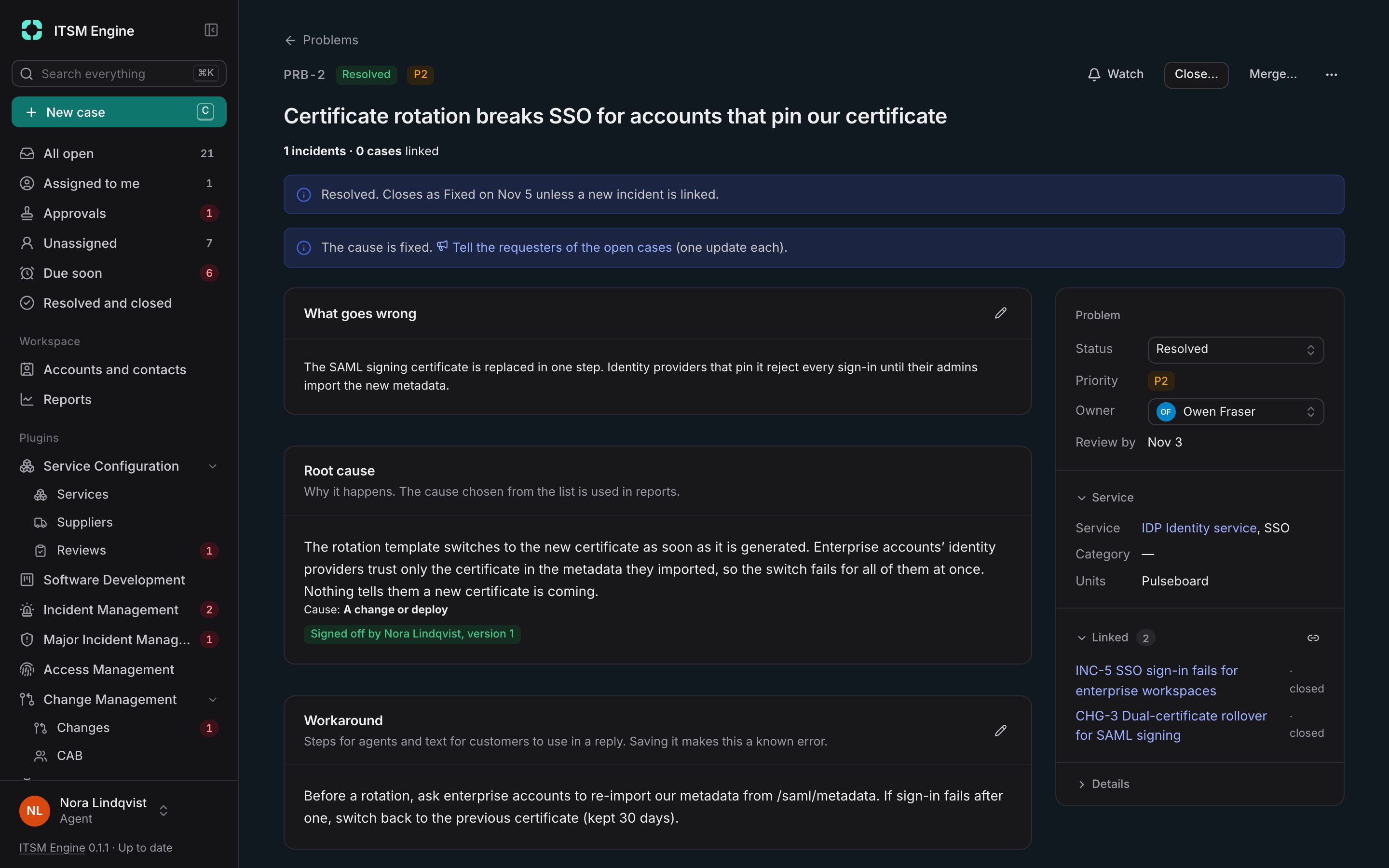 A problem page with its root cause, workaround and fix