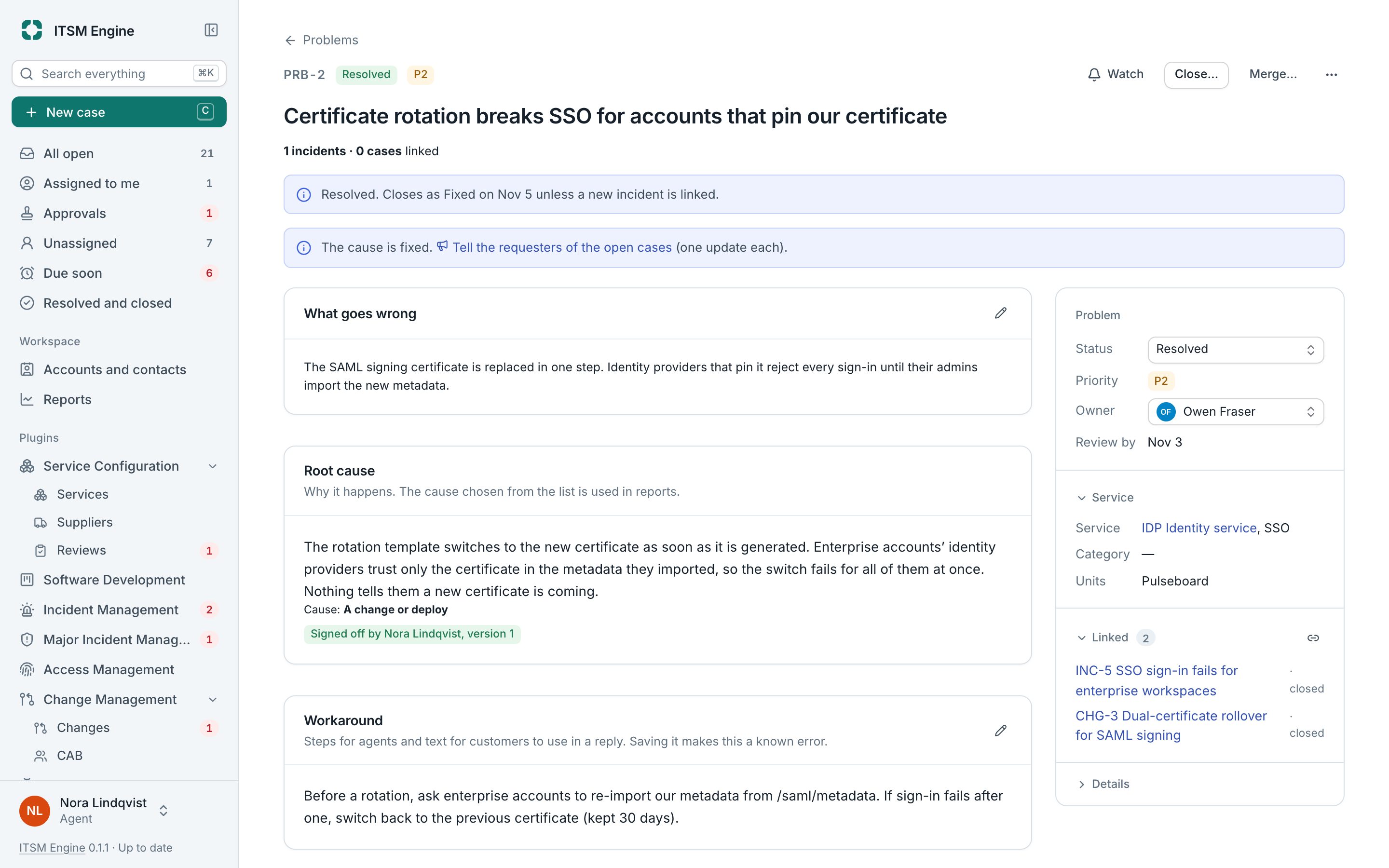 A problem page with its root cause, workaround and fix