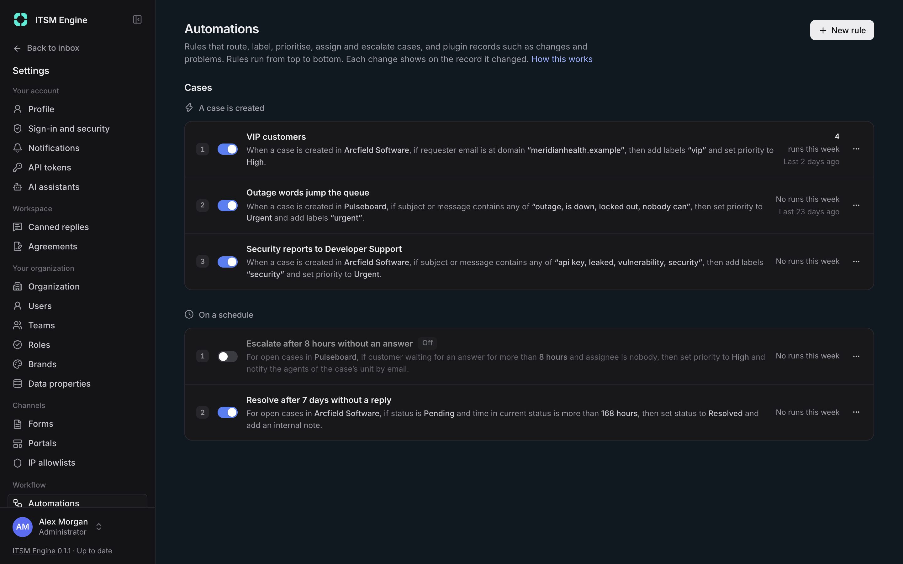 The list of automation rules in order, with how often each ran this week