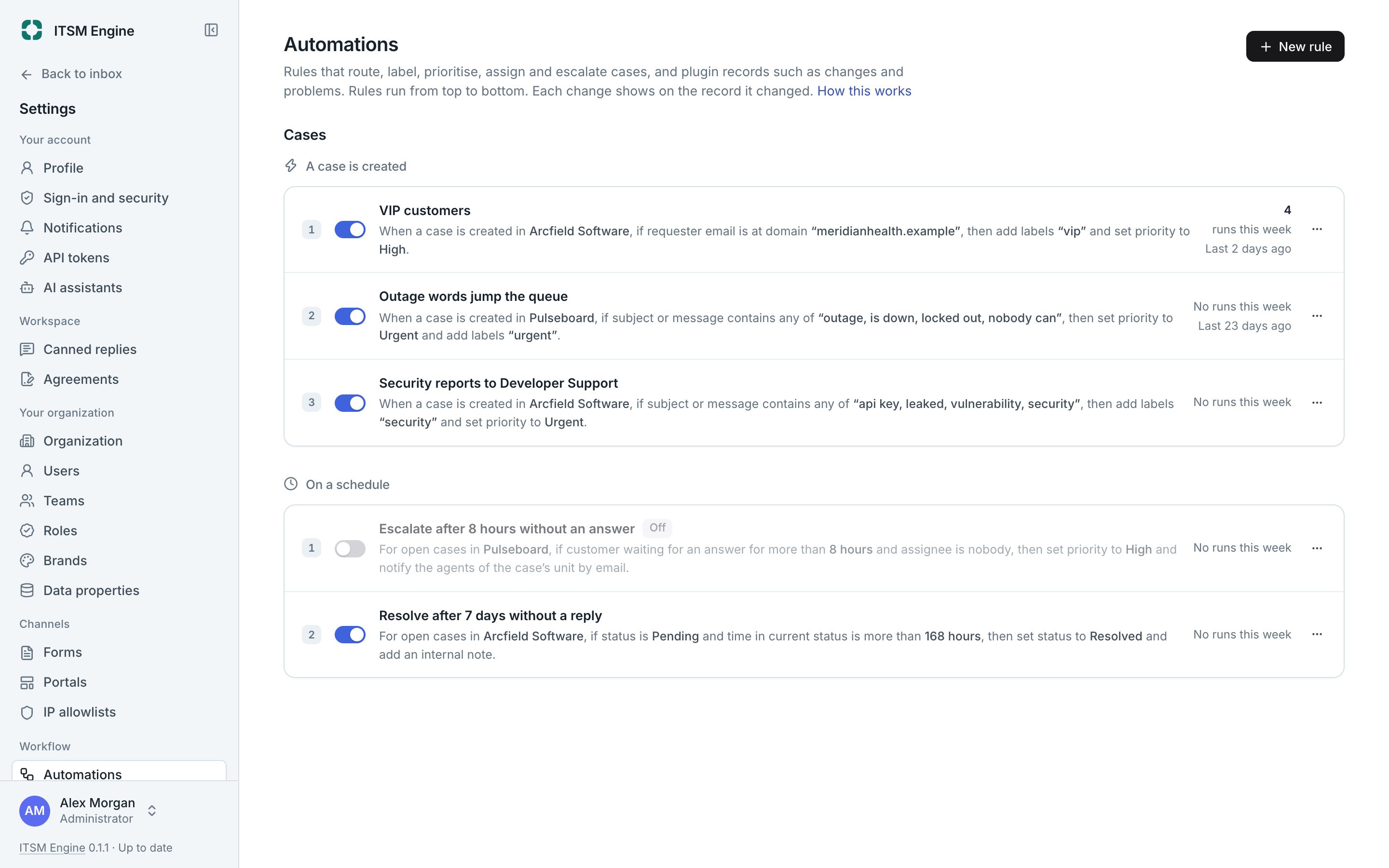 The list of automation rules in order, with how often each ran this week