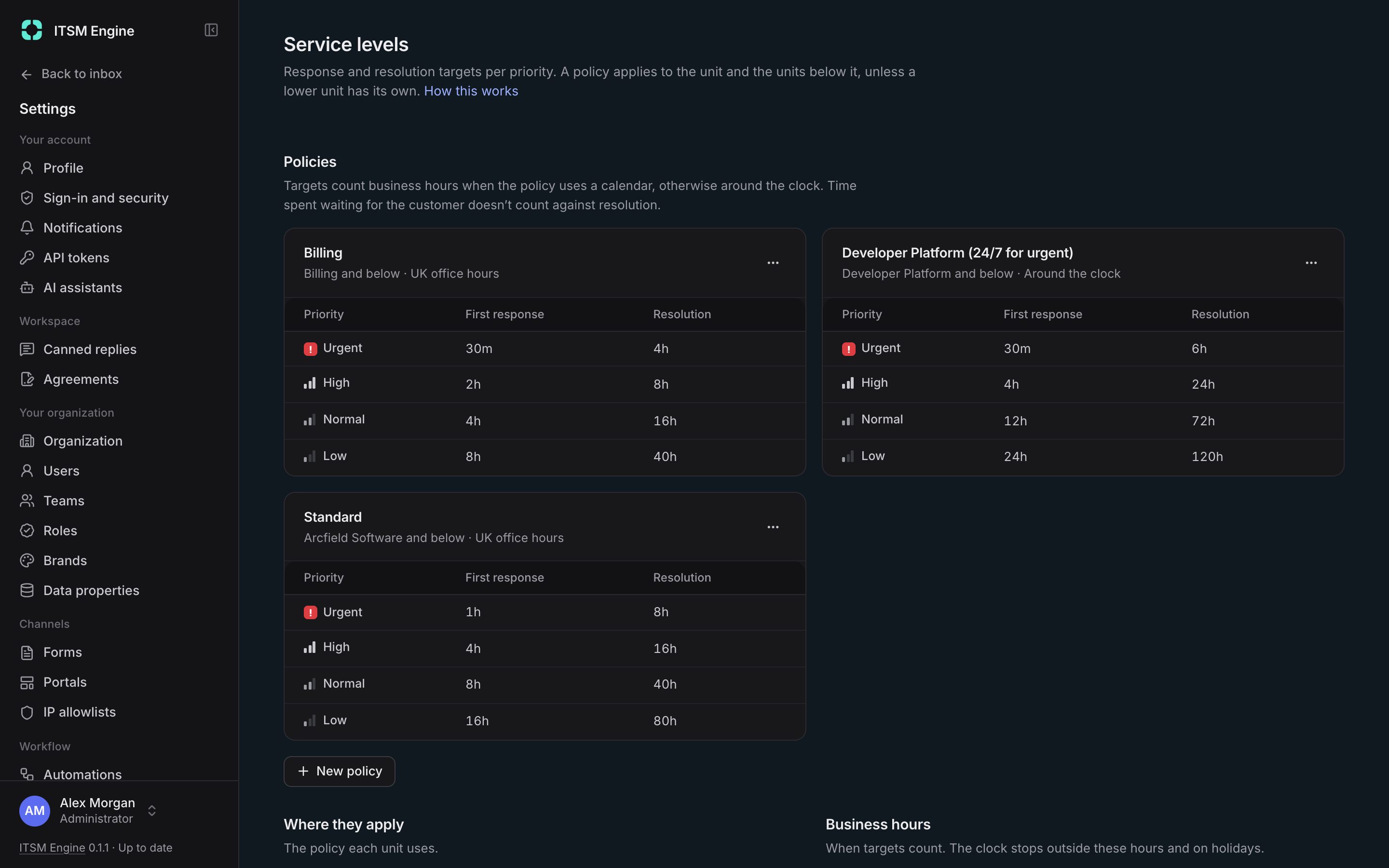 Service level policies with targets per priority and where they apply