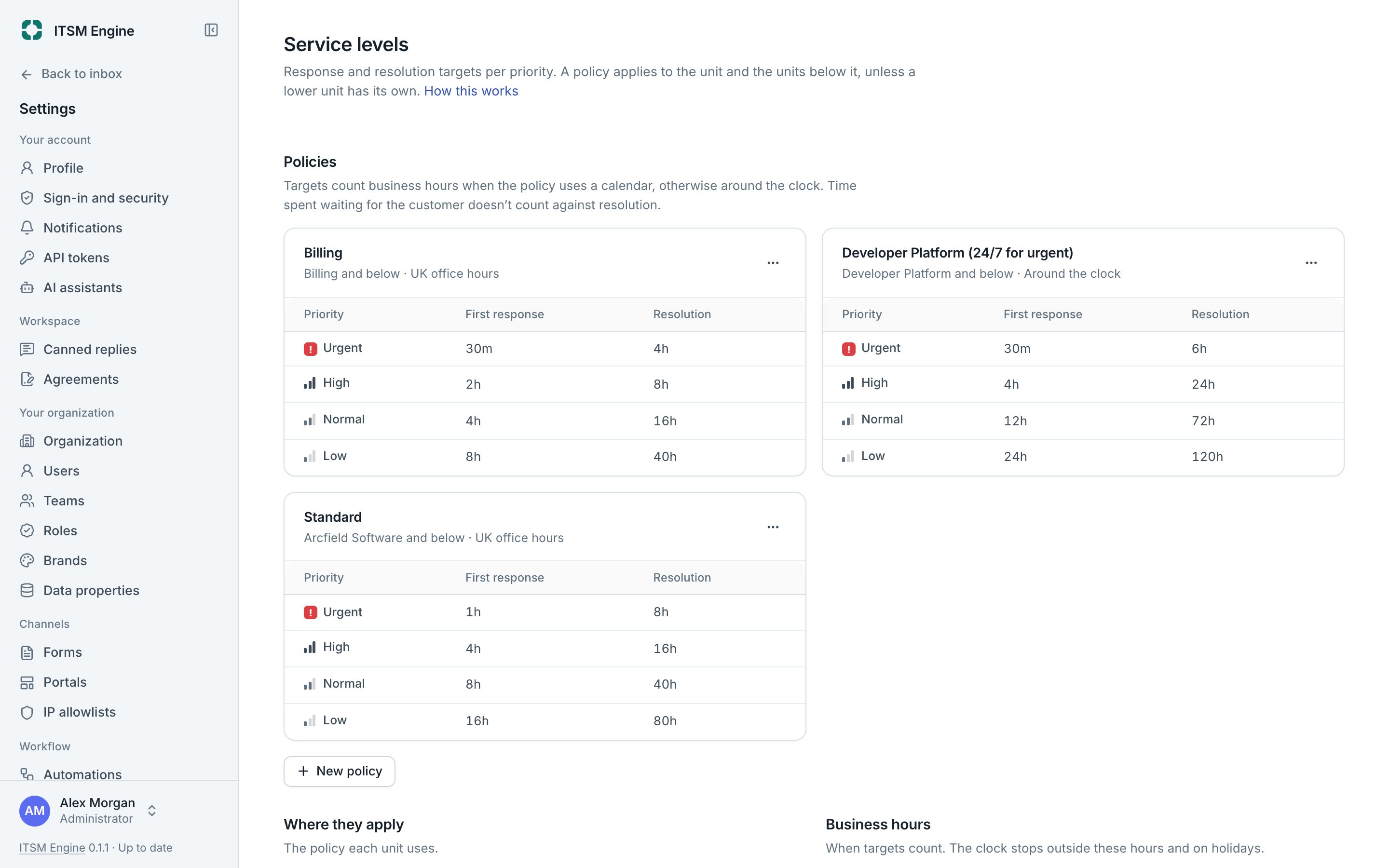 Service level policies with targets per priority and where they apply